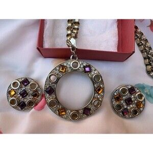 Vintage 1980s Art Deco Bejeweled Goldtone Pendant Necklace & Clip On Earring Set